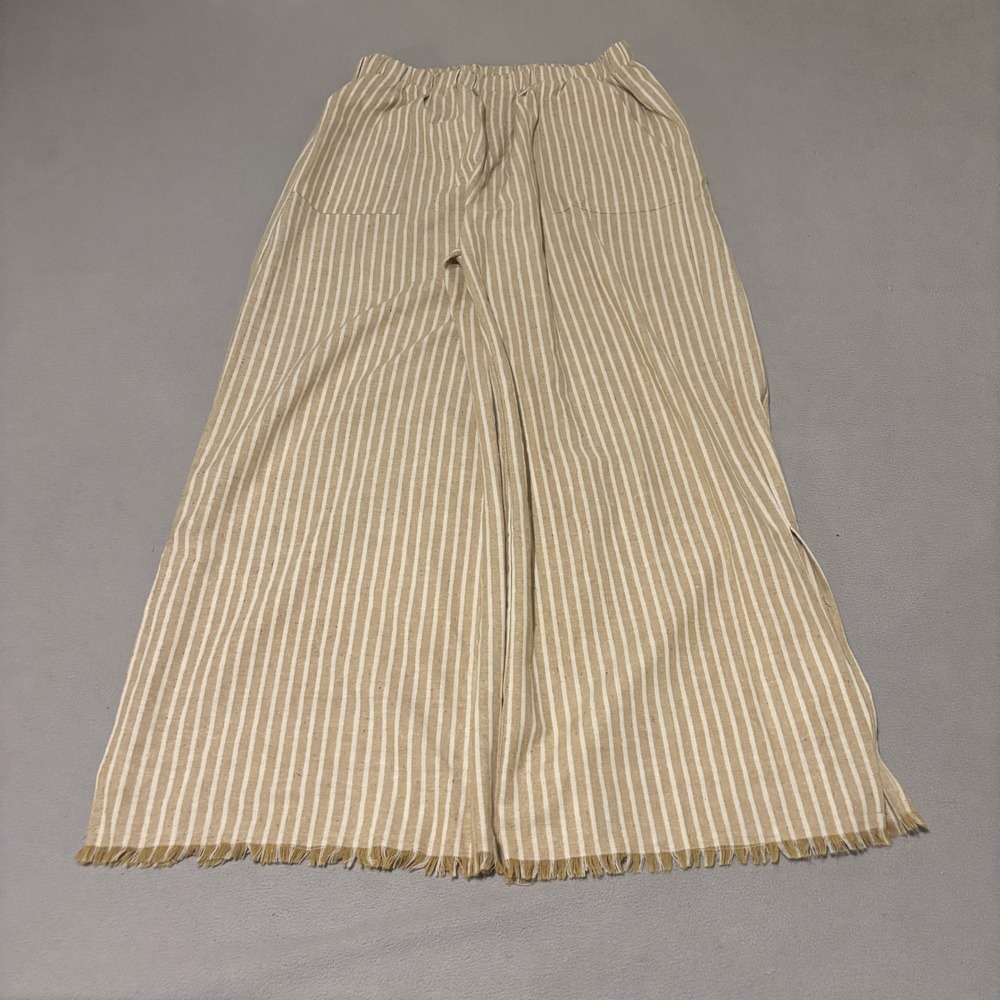 From Palmer Womens Linen Blend Striped Wide Leg Pants Large Beige White Fringe